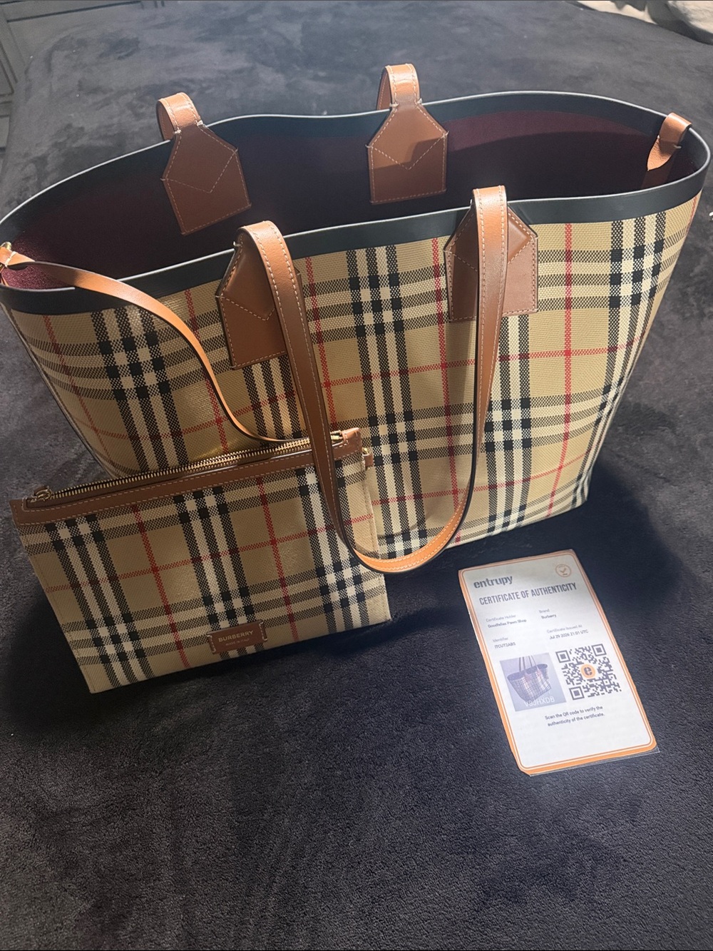 Burberry Classic Check Canvas Tote with Tan Leather Trim